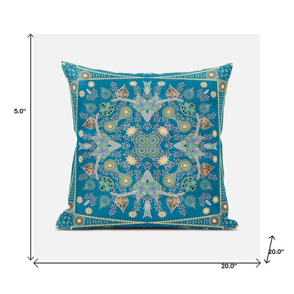 Homeroots 20" X 20" Aqua And Gold Broadcloth Paisley Zippered Pillow   481323