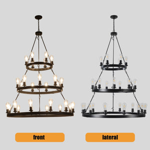 English Elm 45" Iron Three Tier Ring Chandelier 27 Socket Matte Black Industrial Loft Pendant W2312P415968