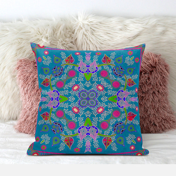 Homeroots 20" X 20" Blue And Pink Broadcloth Paisley Zippered Pillow   481413