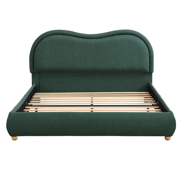 English Elm Queen Chenille Upholstered Curved Headboard Platform Bed with Oak Legs Solid Wood Slats W1716P428272