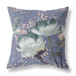 Homeroots 26" X 26" Blue And Gray Butterfly Blown Seam Floral Indoor Outdoor Throw Pillow   481462