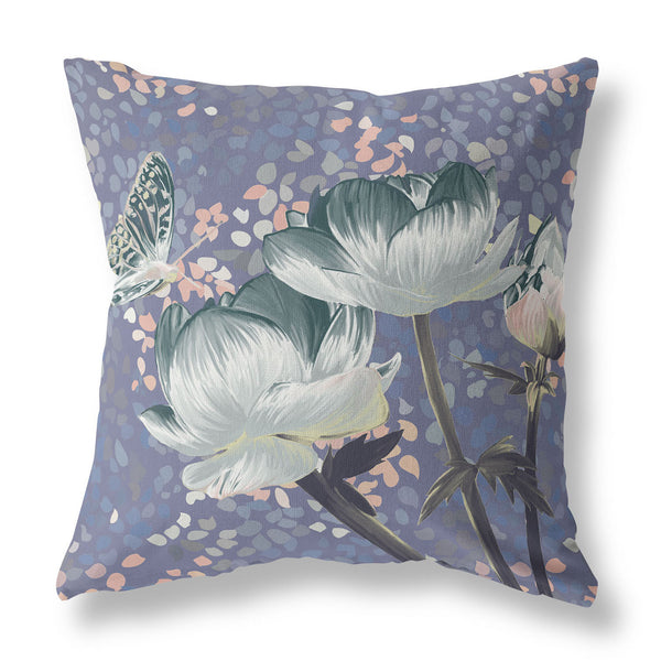 Homeroots 26" X 26" Blue And Gray Butterfly Blown Seam Floral Indoor Outdoor Throw Pillow   481462