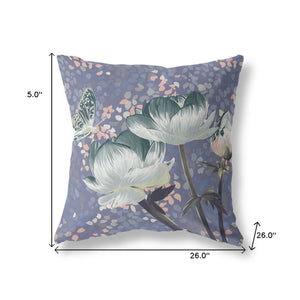 Homeroots 26" X 26" Blue And Gray Butterfly Blown Seam Floral Indoor Outdoor Throw Pillow   481462