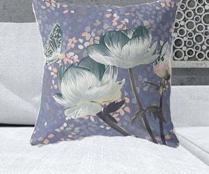 Homeroots 26" X 26" Blue And Gray Butterfly Blown Seam Floral Indoor Outdoor Throw Pillow   481462