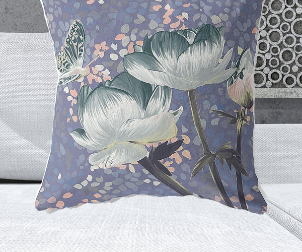 Homeroots 28" X 28" Blue And Gray Butterfly Blown Seam Floral Indoor Outdoor Throw Pillow   481463