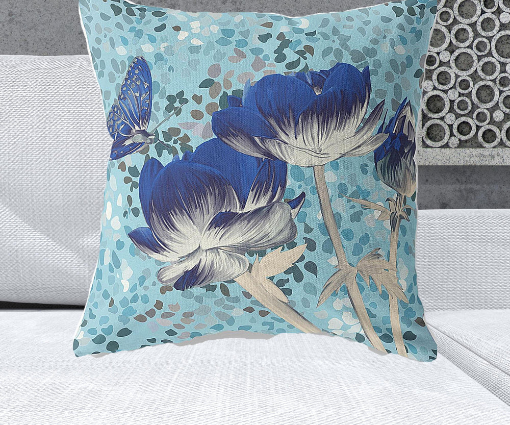 Homeroots 26" X 26" Blue Butterfly Blown Seam Floral Indoor Outdoor Throw Pillow   481467