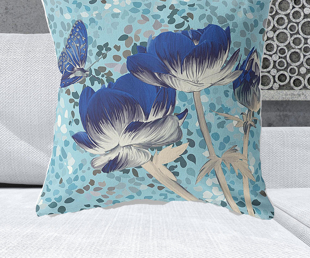 Homeroots 28" X 28" Blue Butterfly Blown Seam Floral Indoor Outdoor Throw Pillow   481468