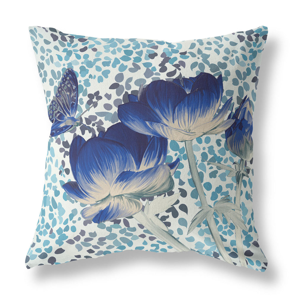 Homeroots 26" X 26" Blue And White Butterfly Blown Seam Floral Indoor Outdoor Throw Pillow   481472
