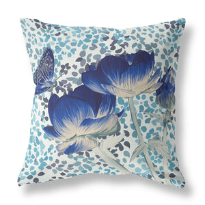 Homeroots 26" X 26" Blue And White Butterfly Blown Seam Floral Indoor Outdoor Throw Pillow   481472
