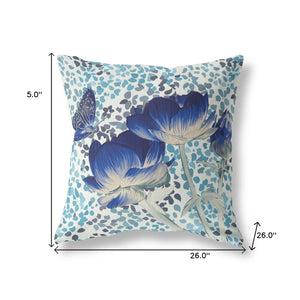 Homeroots 26" X 26" Blue And White Butterfly Blown Seam Floral Indoor Outdoor Throw Pillow   481472