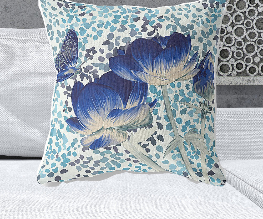 Homeroots 26" X 26" Blue And White Butterfly Blown Seam Floral Indoor Outdoor Throw Pillow   481472