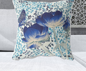 Homeroots 26" X 26" Blue And White Butterfly Blown Seam Floral Indoor Outdoor Throw Pillow   481472