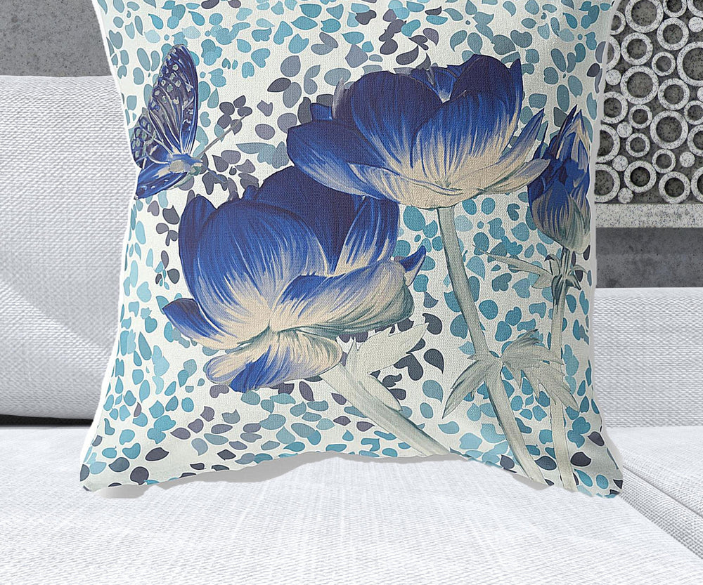 Homeroots 28" X 28" Blue And White Butterfly Blown Seam Floral Indoor Outdoor Throw Pillow   481473