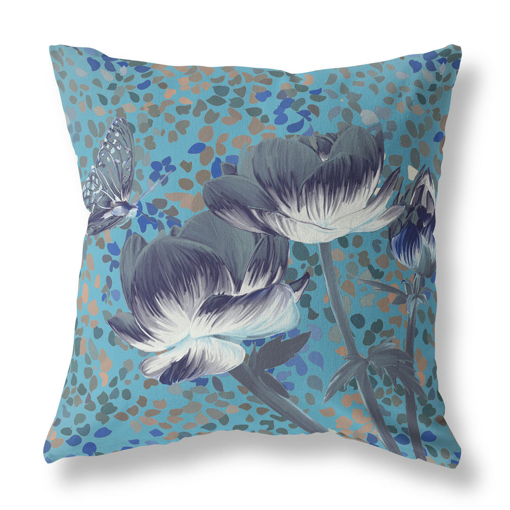 Homeroots 26" X 26" Blue And Green Butterfly Blown Seam Floral Indoor Outdoor Throw Pillow   481482