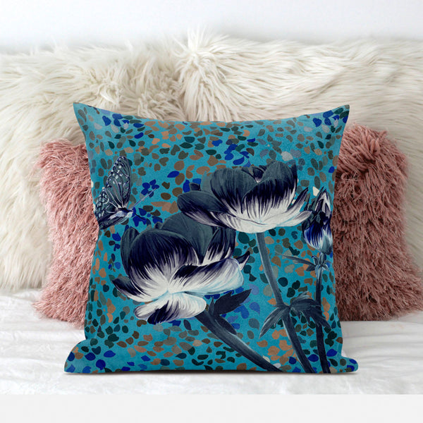 Homeroots 26" X 26" Blue And Green Butterfly Blown Seam Floral Indoor Outdoor Throw Pillow   481482