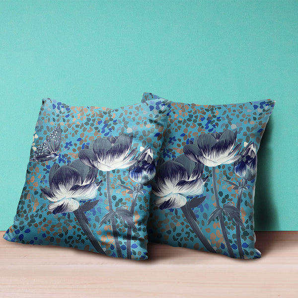 Homeroots 26" X 26" Blue And Green Butterfly Blown Seam Floral Indoor Outdoor Throw Pillow   481482