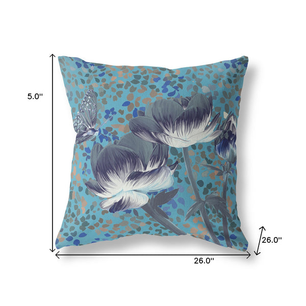 Homeroots 26" X 26" Blue And Green Butterfly Blown Seam Floral Indoor Outdoor Throw Pillow   481482