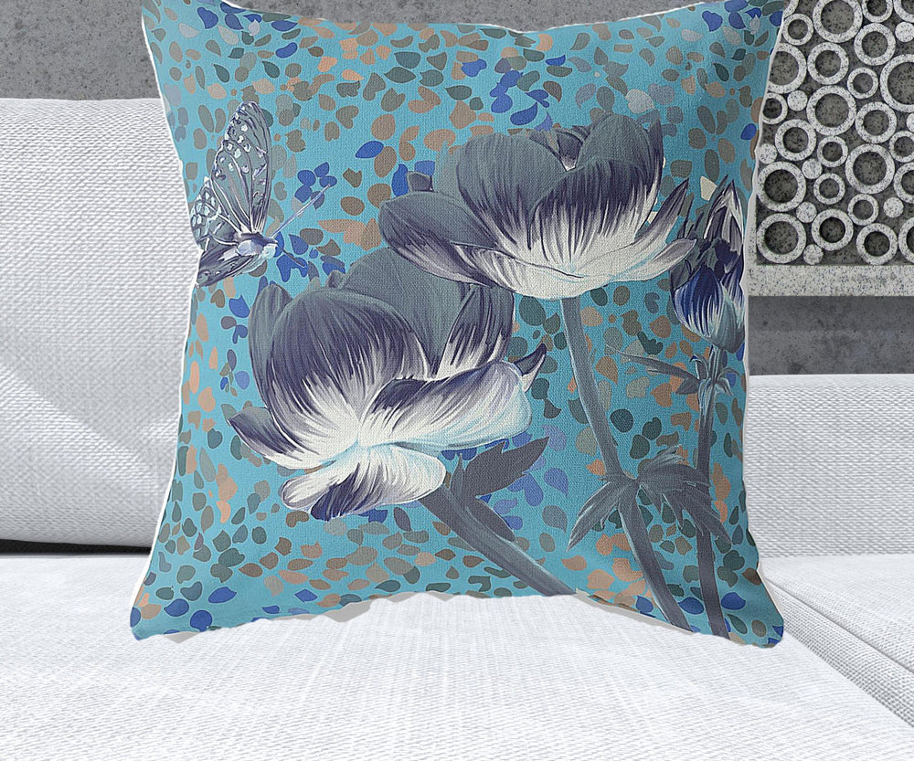 Homeroots 26" X 26" Blue And Green Butterfly Blown Seam Floral Indoor Outdoor Throw Pillow   481482