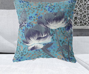 Homeroots 26" X 26" Blue And Green Butterfly Blown Seam Floral Indoor Outdoor Throw Pillow   481482