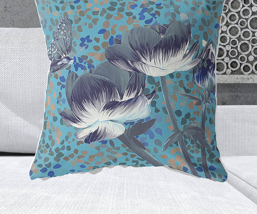 Homeroots 28" X 28" Blue And Green Blown Seam Floral Indoor Outdoor Throw Pillow   481483
