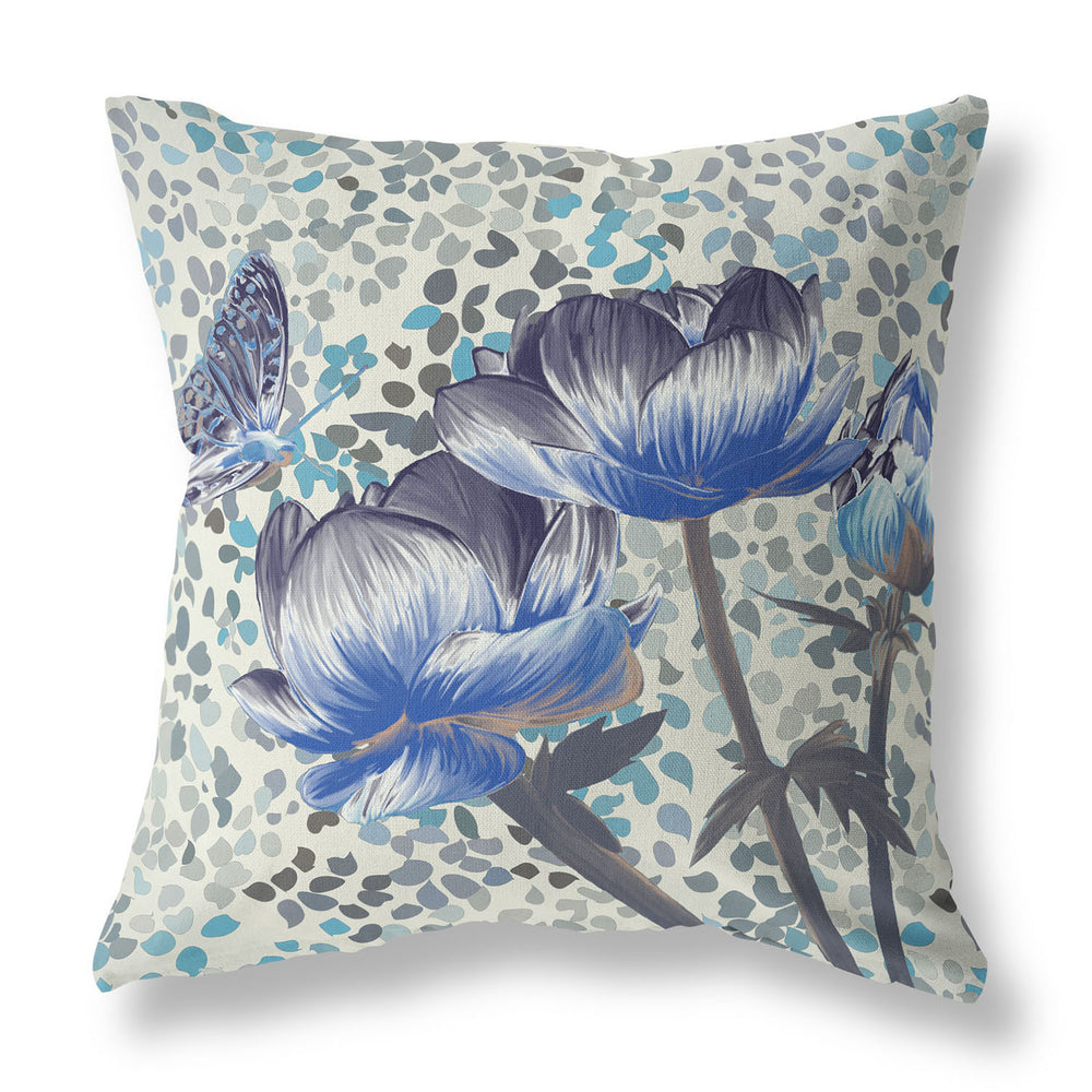 Homeroots 26" X 26" Indigo Butterfly Blown Seam Floral Indoor Outdoor Throw Pillow   481487