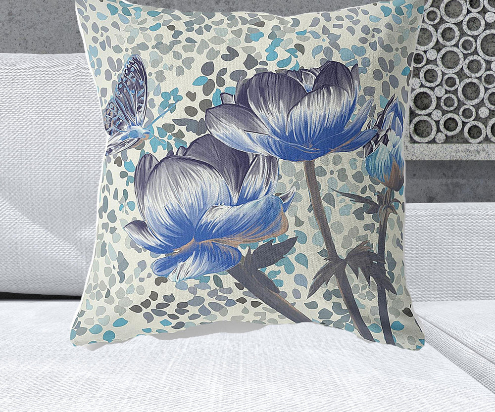 Homeroots 26" X 26" Indigo Butterfly Blown Seam Floral Indoor Outdoor Throw Pillow   481487