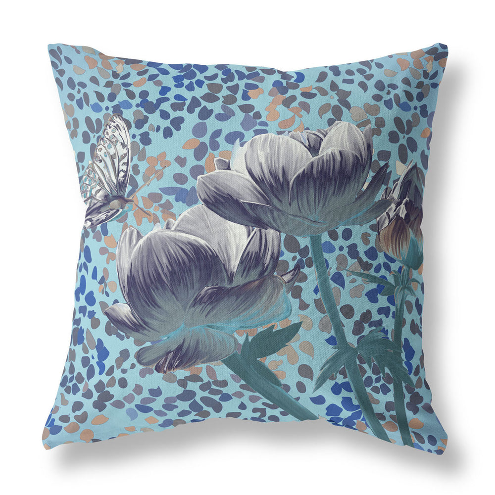 Homeroots 28" X 28" Indigo Butterfly Blown Seam Floral Indoor Outdoor Throw Pillow   481493