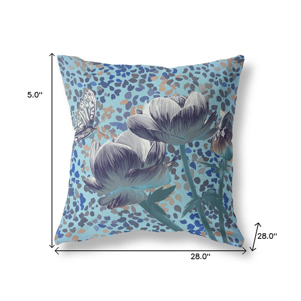 Homeroots 28" X 28" Indigo Butterfly Blown Seam Floral Indoor Outdoor Throw Pillow   481493