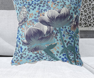 Homeroots 28" X 28" Indigo Butterfly Blown Seam Floral Indoor Outdoor Throw Pillow   481493