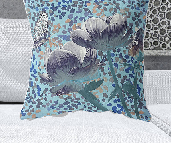 Homeroots 28" X 28" Indigo Butterfly Blown Seam Floral Indoor Outdoor Throw Pillow   481493