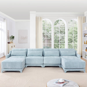 English Elm Four-Seater Sofa Set With Movable Ottoman & Lumbar Pillow - Elegant Sky Blue Chenille Comfort! W714S01212
