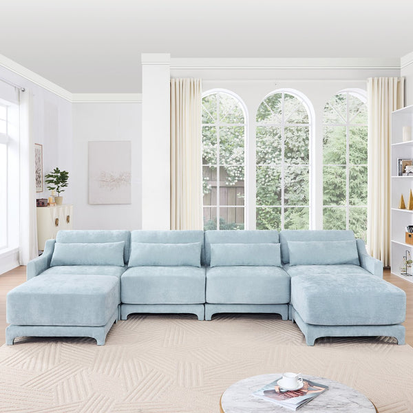 English Elm Four-Seater Sofa Set With Movable Ottoman & Lumbar Pillow - Elegant Sky Blue Chenille Comfort! W714S01212