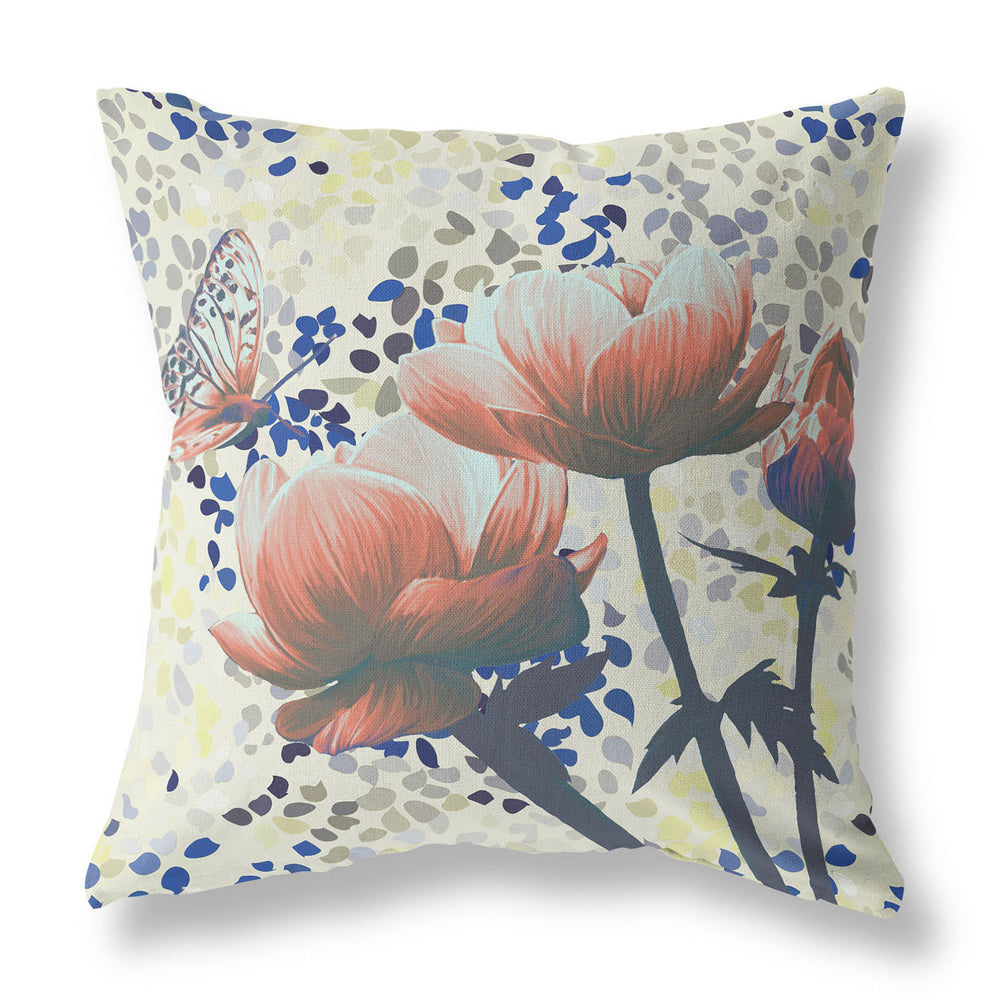 Homeroots 28" X 28" Orange Butterfly Blown Seam Floral Indoor Outdoor Throw Pillow   481508