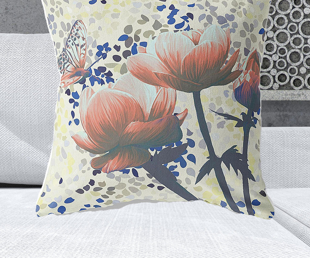 Homeroots 28" X 28" Orange Butterfly Blown Seam Floral Indoor Outdoor Throw Pillow   481508