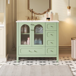 English Elm 36" Green Bathroom Vanity with Waffle Texture Doors, 4 Drawers, Glass Panels, Soft-Closing, Modern Storage N710P280025C