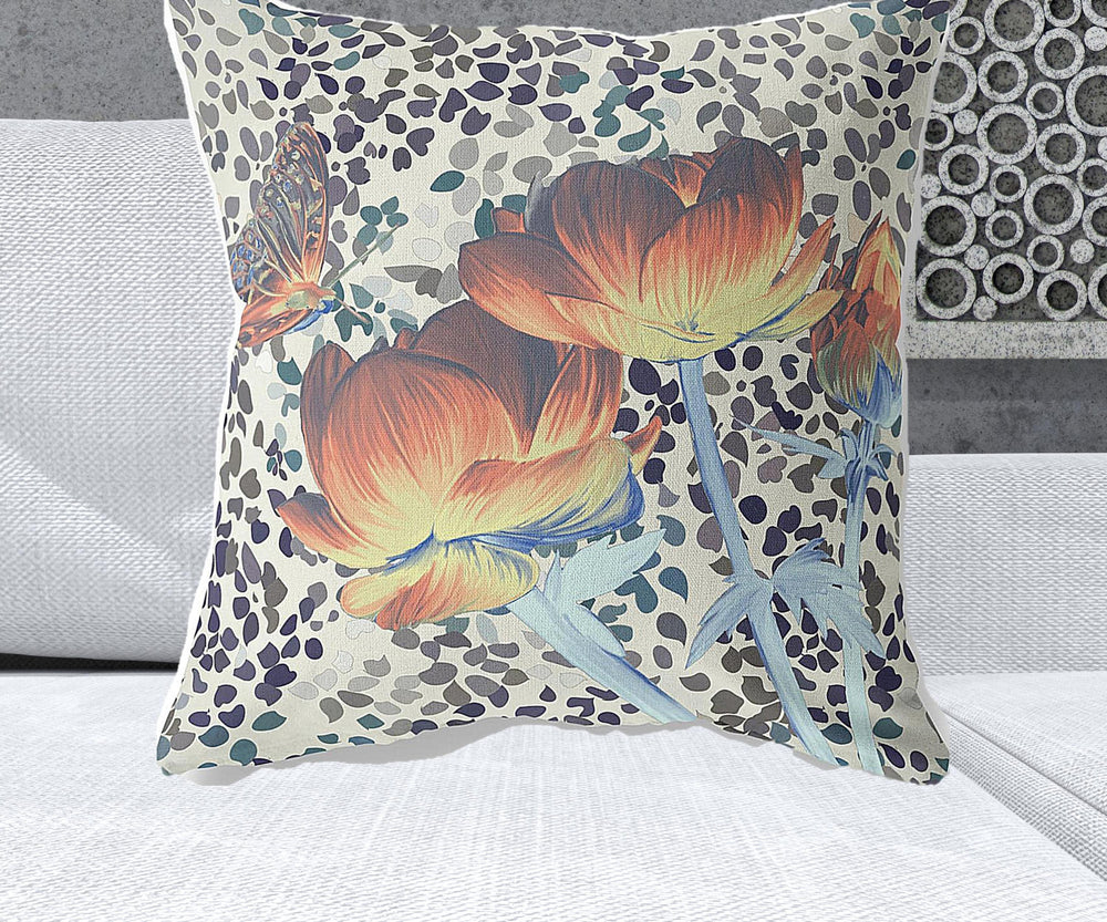 Homeroots 26" X 26" Orange Butterfly Blown Seam Floral Indoor Outdoor Throw Pillow   481512