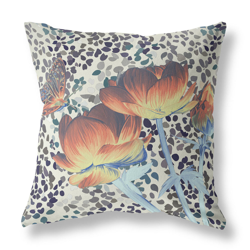 Homeroots 28" X 28" Orange Butterfly Blown Seam Floral Indoor Outdoor Throw Pillow   481513