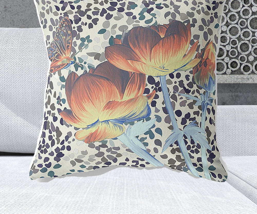 Homeroots 28" X 28" Orange Butterfly Blown Seam Floral Indoor Outdoor Throw Pillow   481513