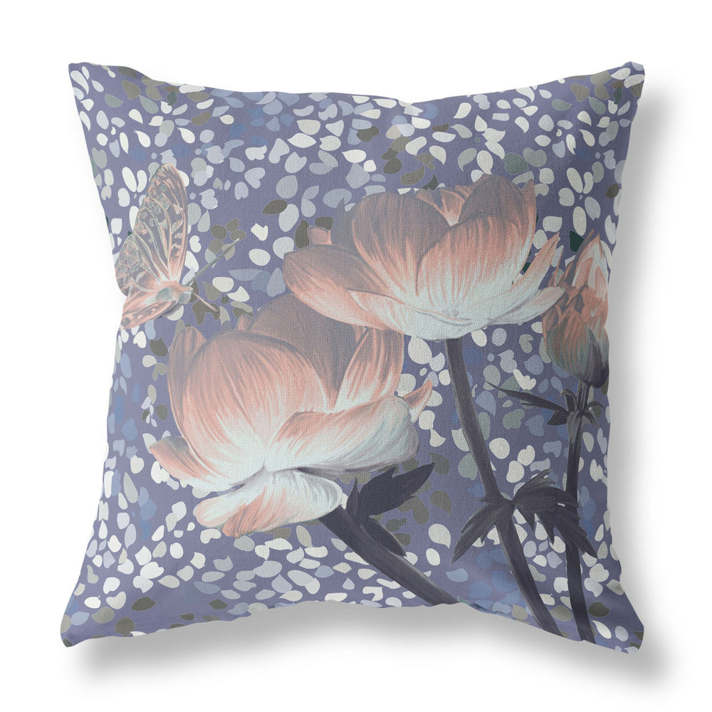 Homeroots 28" X 28" Blue And Gray Butterfly Blown Seam Floral Indoor Outdoor Throw Pillow  Polyester And Cotton Blend 481518