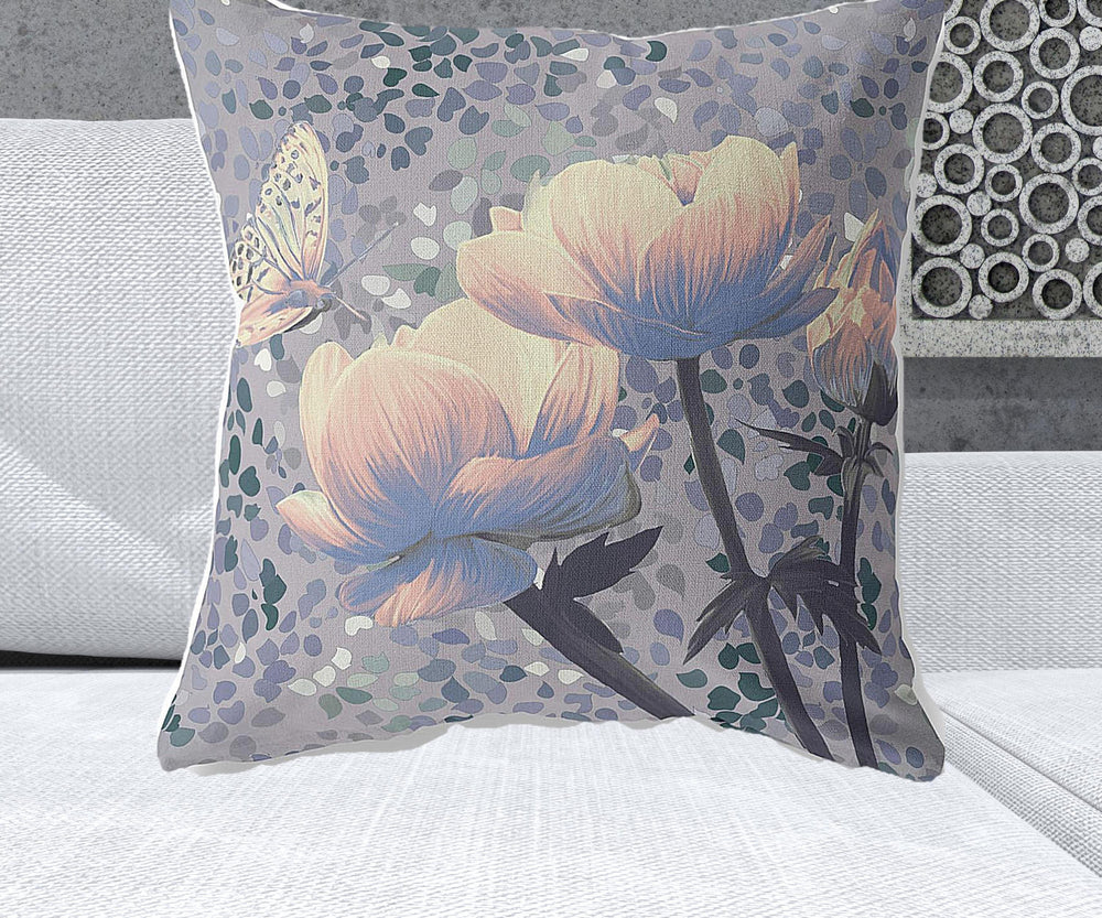 Homeroots 26" X 26" Gray Butterfly Blown Seam Floral Indoor Outdoor Throw Pillow   481522