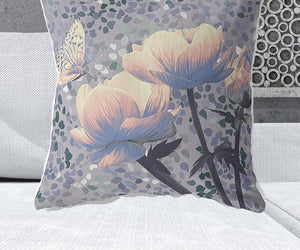 Homeroots 28" X 28" Gray Butterfly Blown Seam Floral Indoor Outdoor Throw Pillow   481523