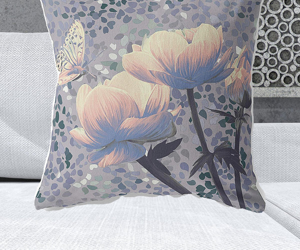 Homeroots 28" X 28" Gray Butterfly Blown Seam Floral Indoor Outdoor Throw Pillow   481523