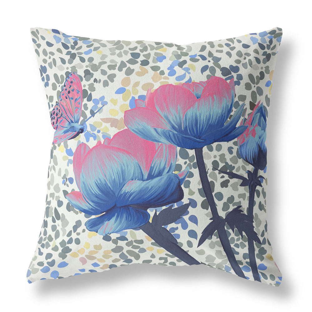 Homeroots 26" X 26" Pink Butterfly Blown Seam Floral Indoor Outdoor Throw Pillow   481527