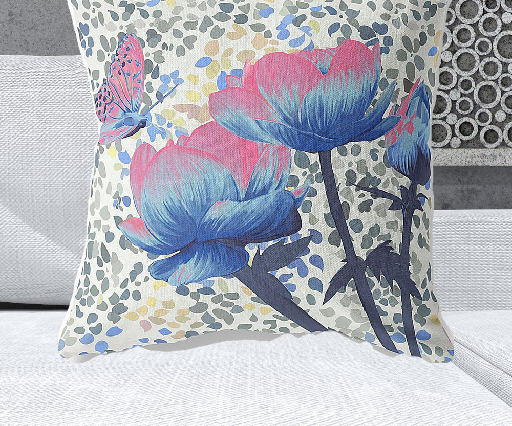 Homeroots 28" X 28" Pink Butterfly Blown Seam Floral Indoor Outdoor Throw Pillow   481528