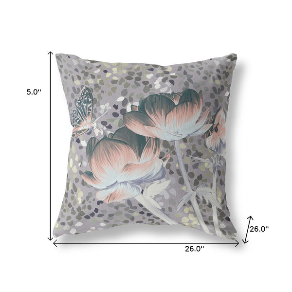 Homeroots 26" X 26" Pink Butterfly Blown Seam Floral Indoor Outdoor Throw Pillow   481532