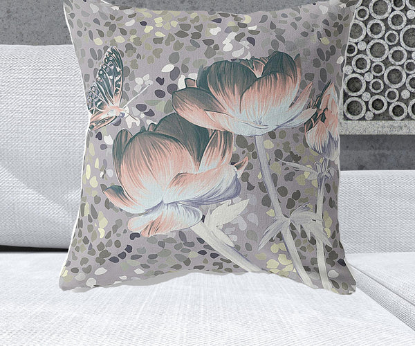 Homeroots 26" X 26" Pink Butterfly Blown Seam Floral Indoor Outdoor Throw Pillow   481532