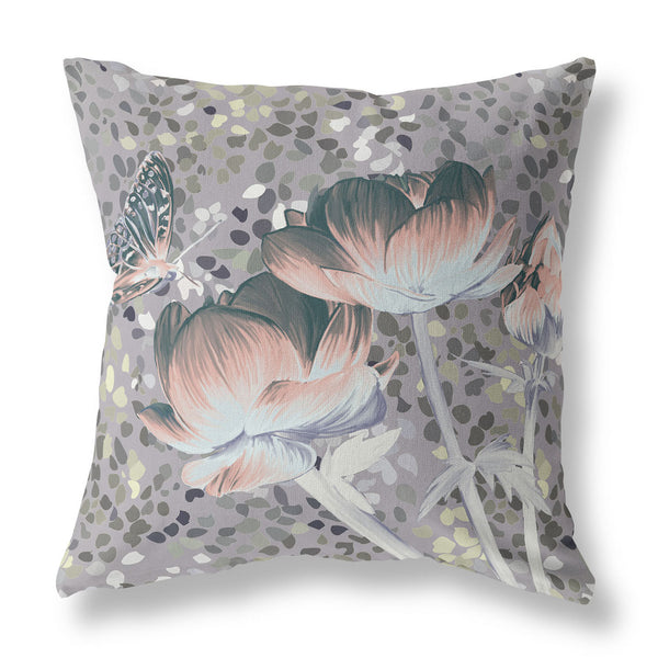 Homeroots 28" X 28" Pink Butterfly Blown Seam Floral Indoor Outdoor Throw Pillow   481533