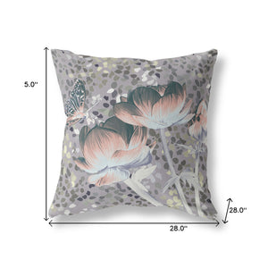 Homeroots 28" X 28" Pink Butterfly Blown Seam Floral Indoor Outdoor Throw Pillow   481533