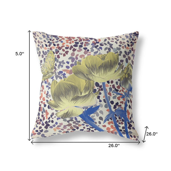 Homeroots 26" X 26" Yellow Butterfly Blown Seam Floral Indoor Outdoor Throw Pillow   481537
