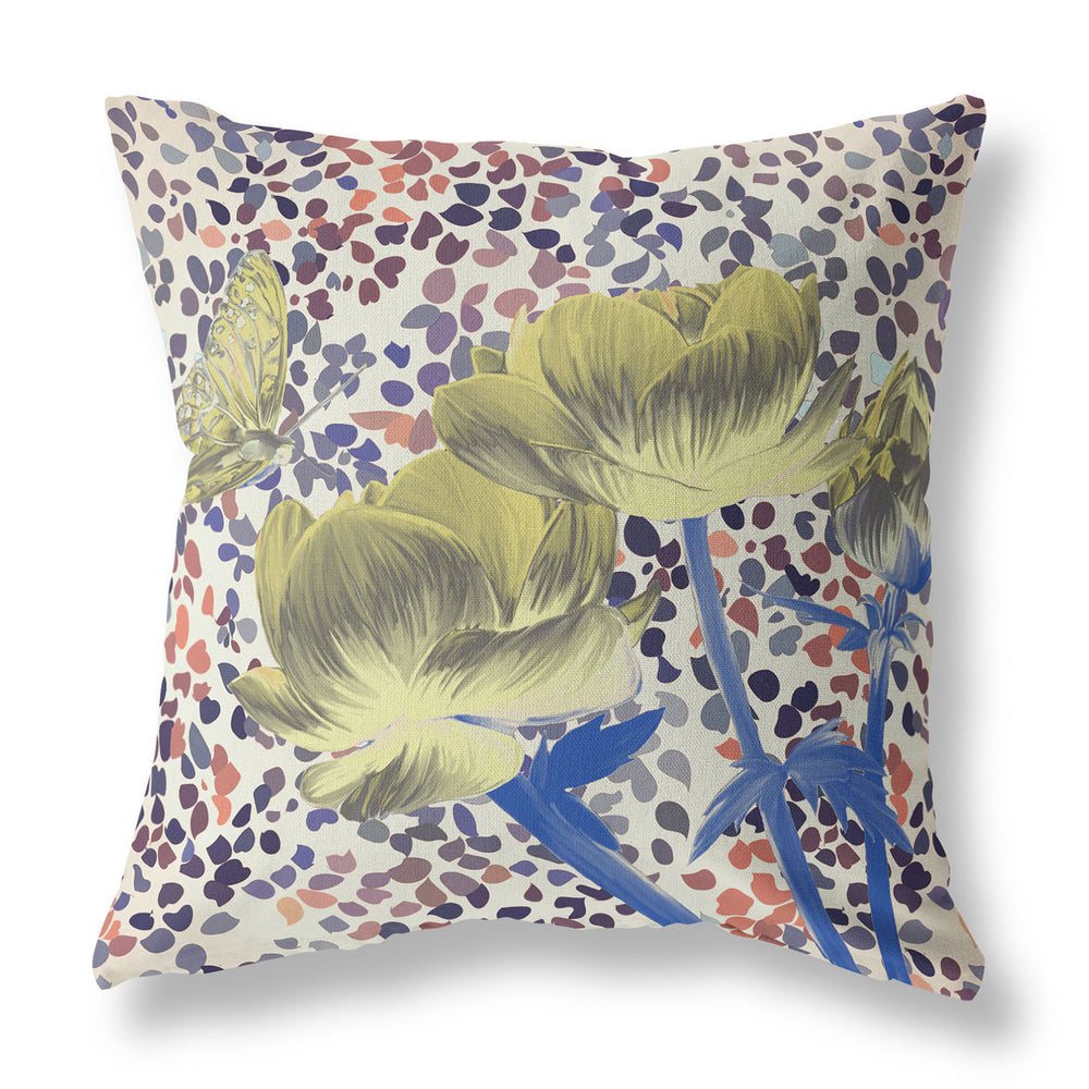 Homeroots 28" X 28" Yellow Butterfly Blown Seam Floral Indoor Outdoor Throw Pillow   481538